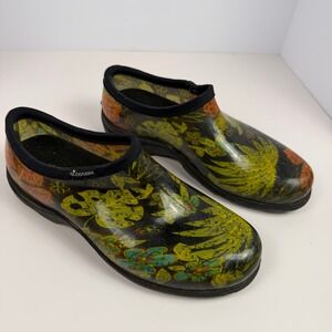 Sloggers Floral Cottagecore Garden Womens Rain Clogs Black Green Rubber